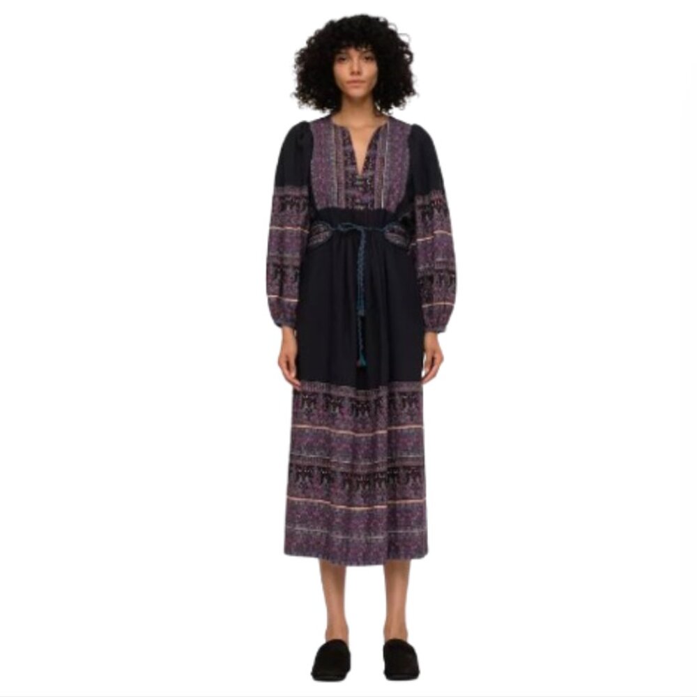 Sea NY Adella Midi Dress Womens Small Navy Blue Purple Long Sleeve V-Neck Belt